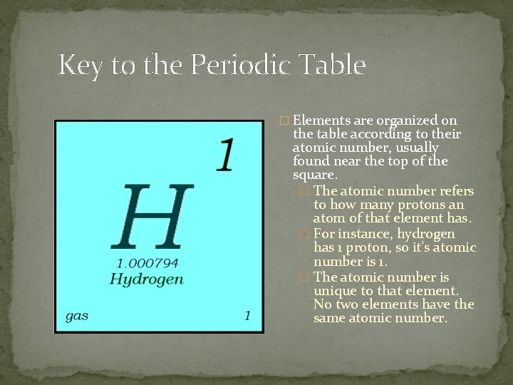 Key to the Periodic Table � Elements are organized on the table according to