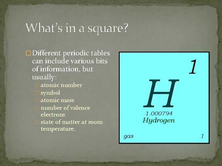 What’s in a square? � Different periodic tables can include various bits of information,
