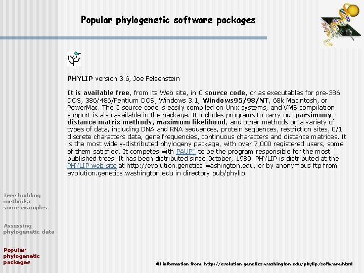 Popular phylogenetic software packages PHYLIP version 3. 6, Joe Felsenstein It is available free,