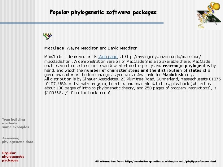 Popular phylogenetic software packages Mac. Clade, Wayne Maddison and David Maddison Mac. Clade is