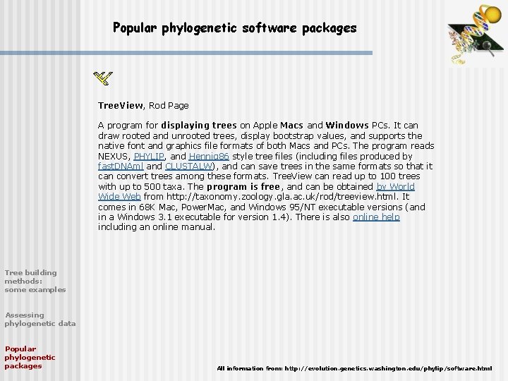 Popular phylogenetic software packages Tree. View, Rod Page A program for displaying trees on
