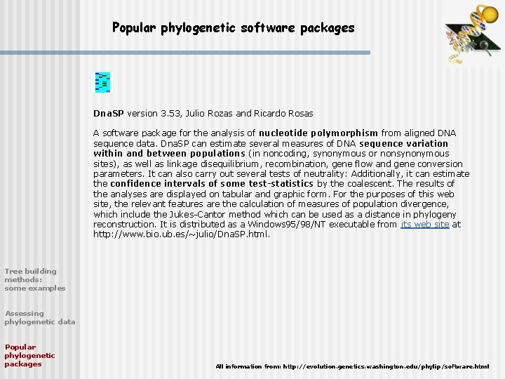 Popular phylogenetic software packages Dna. SP version 3. 53, Julio Rozas and Ricardo Rosas