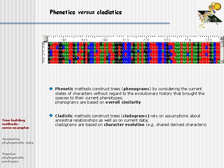 Phenetics versus cladistics Phenetic methods construct trees (phenograms) by considering the current states of