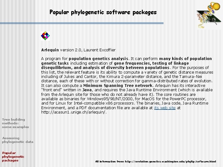 Popular phylogenetic software packages Arlequin version 2. 0, Laurent Excoffier A program for population