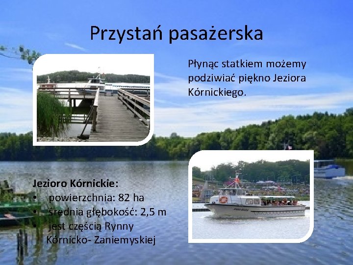 Przystań pasażerska Płynąc statkiem możemy podziwiać piękno Jeziora Kórnickiego. Jezioro Kórnickie: • powierzchnia: 82