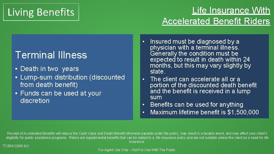 Living Benefits Terminal Illness • Death in two years • Lump-sum distribution (discounted from