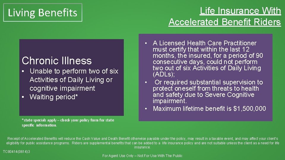 Living Benefits Chronic Illness • Unable to perform two of six Activities of Daily