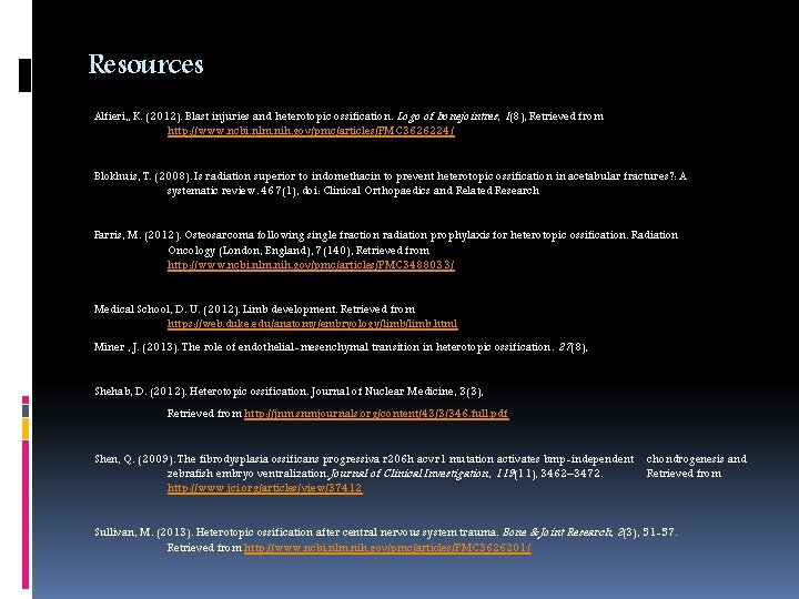 Resources Alfieri, , K. (2012). Blast injuries and heterotopic ossification. Logo of bonejointres, 1(8),