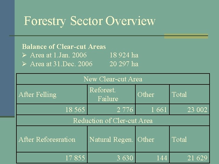 Forestry Sector Overview Balance of Clear-cut Areas Ø Area at 1. Jan. 2006 18