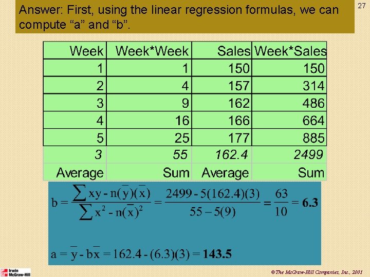 Answer: First, using the linear regression formulas, we can compute “a” and “b”. 27