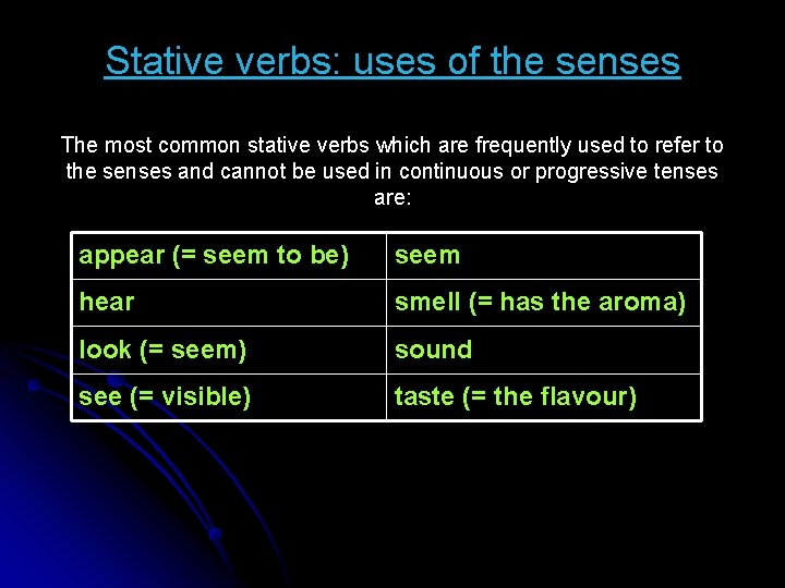 Stative verbs: uses of the senses The most common stative verbs which are frequently