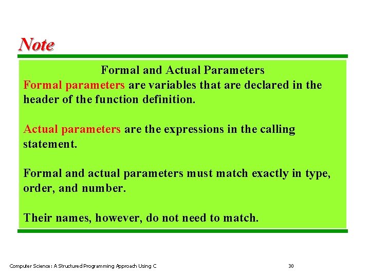 Note Formal and Actual Parameters Formal parameters are variables that are declared in the Note Formal and Actual Parameters Formal parameters are variables that are declared in the