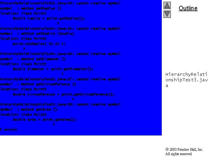 Hierarchy. Relationship. Test 3. java: 24: cannot resolve symbol : method get. Radius ()