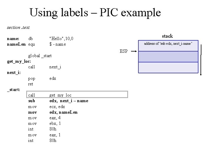 Using labels – PIC example section. text name: db name. Len equ stack "Hello",