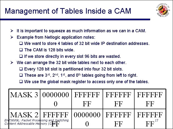 Management of Tables Inside a CAM It is important to squeeze as much information