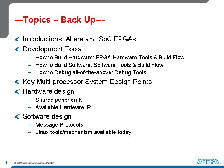 ---Topics – Back Up--Introductions: Altera and So. C FPGAs Development Tools – How to