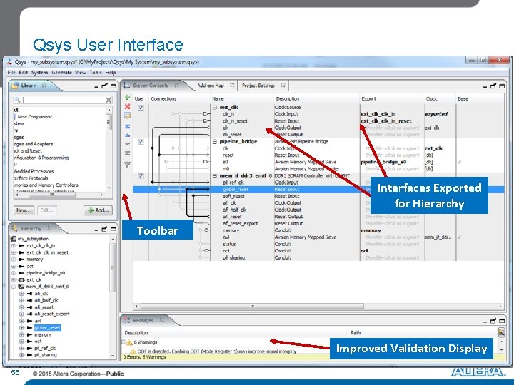 Qsys User Interfaces Exported for Hierarchy Toolbar Improved Validation Display 55 