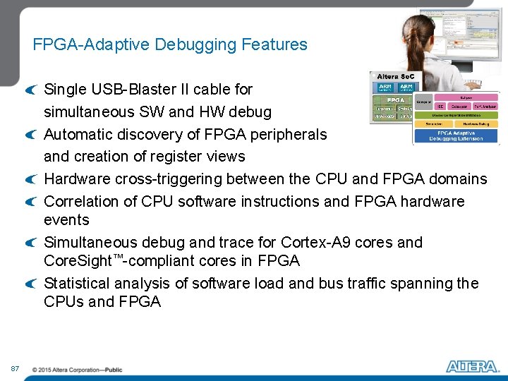 FPGA-Adaptive Debugging Features Single USB-Blaster II cable for simultaneous SW and HW debug Automatic