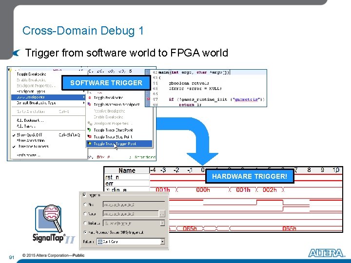 Cross-Domain Debug 1 Trigger from software world to FPGA world SOFTWARE TRIGGER HARDWARE TRIGGER!