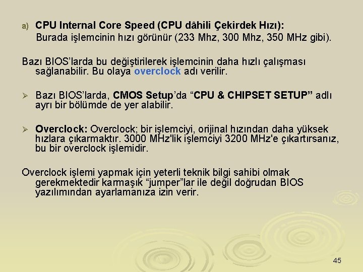 a) CPU Internal Core Speed (CPU dâhili Çekirdek Hızı): Burada işlemcinin hızı görünür (233