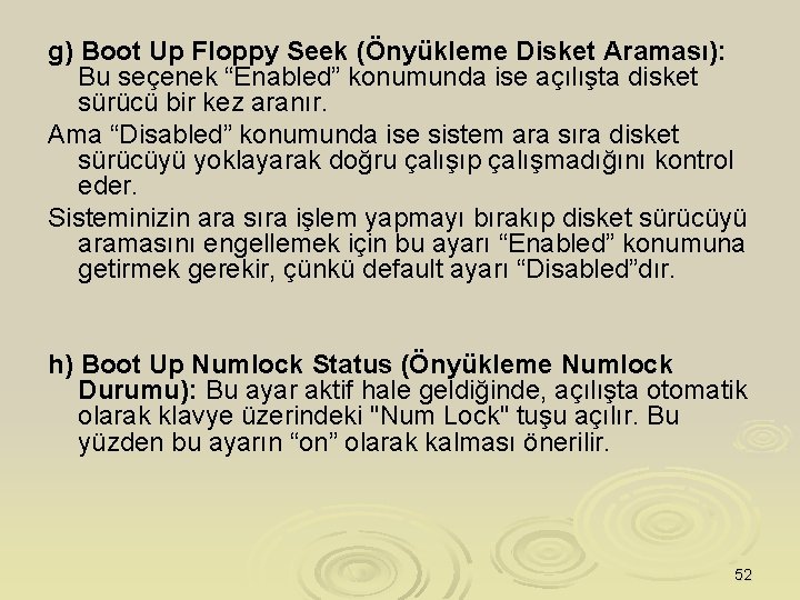 g) Boot Up Floppy Seek (Önyükleme Disket Araması): Bu seçenek “Enabled” konumunda ise açılışta