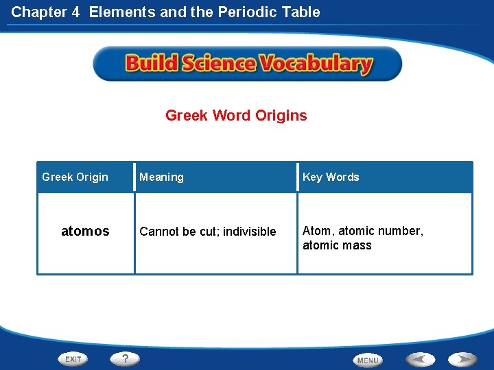Chapter 4 Elements and the Periodic Table Greek Word Origins Greek Origin atomos Meaning