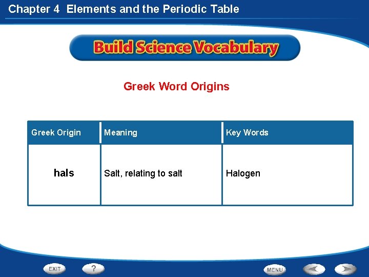 Chapter 4 Elements and the Periodic Table Greek Word Origins Greek Origin hals Meaning