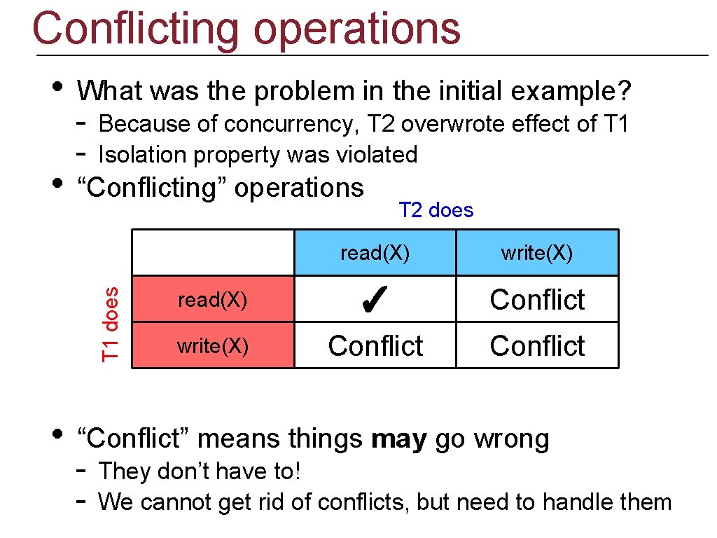 Conflicting operations • - Because of concurrency, T 2 overwrote effect of T 1