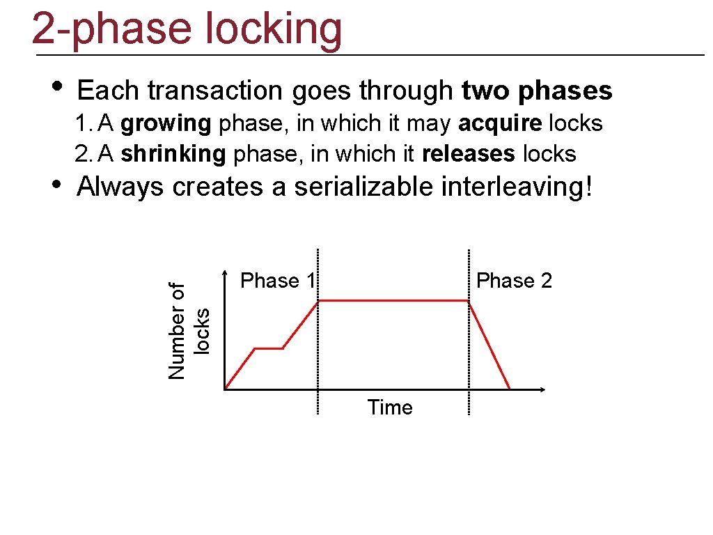 2 -phase locking • Each transaction goes through two phases 1. A growing phase,