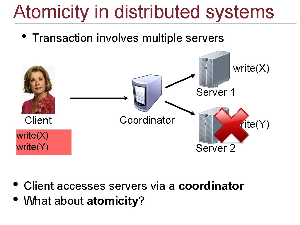 Atomicity in distributed systems • Transaction involves multiple servers write(X) Server 1 Client write(X)