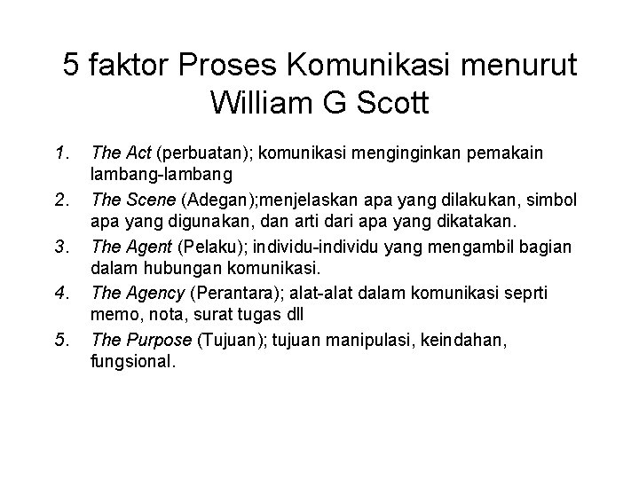 5 faktor Proses Komunikasi menurut William G Scott 1. 2. 3. 4. 5. The 5 faktor Proses Komunikasi menurut William G Scott 1. 2. 3. 4. 5. The