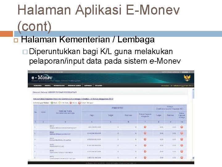 Halaman Aplikasi E-Monev (cont) Halaman Kementerian / Lembaga � Diperuntukkan bagi K/L guna melakukan