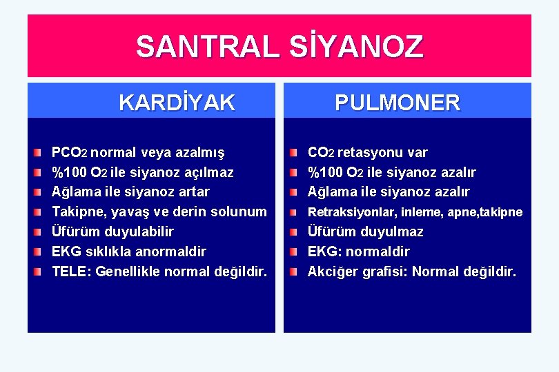 SANTRAL SİYANOZ KARDİYAK PCO 2 normal veya azalmış %100 O 2 ile siyanoz açılmaz