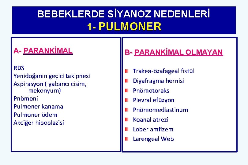 BEBEKLERDE SİYANOZ NEDENLERİ 1 - PULMONER A- PARANKİMAL RDS Yenidoğanın geçici takipnesi Aspirasyon (