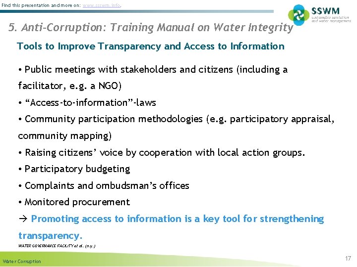 Find this presentation and more on: www. ssswm. info. 5. Anti-Corruption: Training Manual on