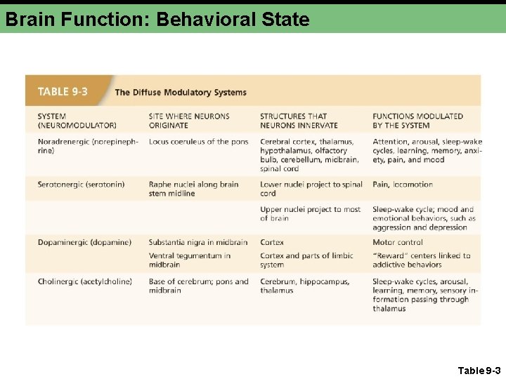 Brain Function: Behavioral State Table 9 -3 