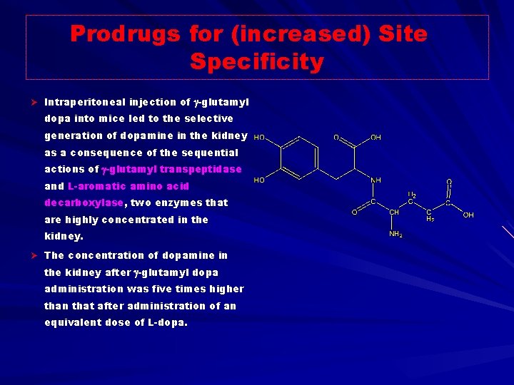 Prodrugs for (increased) Site Specificity Ø Intraperitoneal injection of -glutamyl dopa into mice led