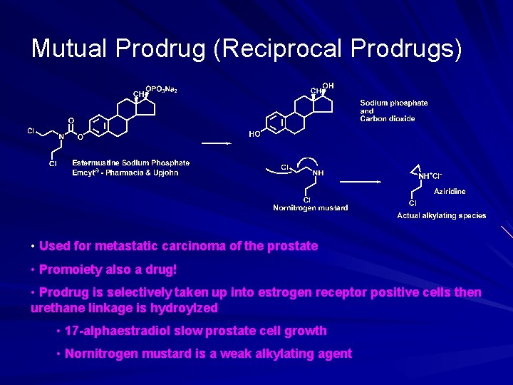 Mutual Prodrug (Reciprocal Prodrugs) • Used for metastatic carcinoma of the prostate • Promoiety