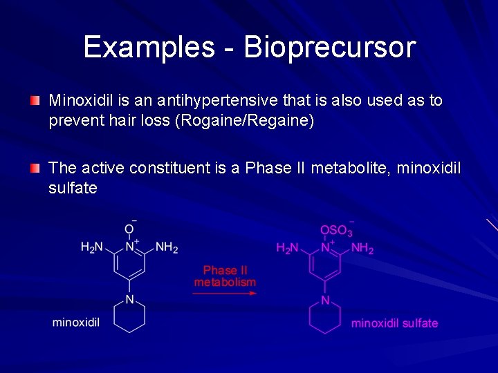 Examples - Bioprecursor Minoxidil is an antihypertensive that is also used as to prevent