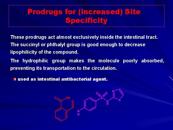 Prodrugs for (increased) Site Specificity These prodrugs act almost exclusively inside the intestinal tract.