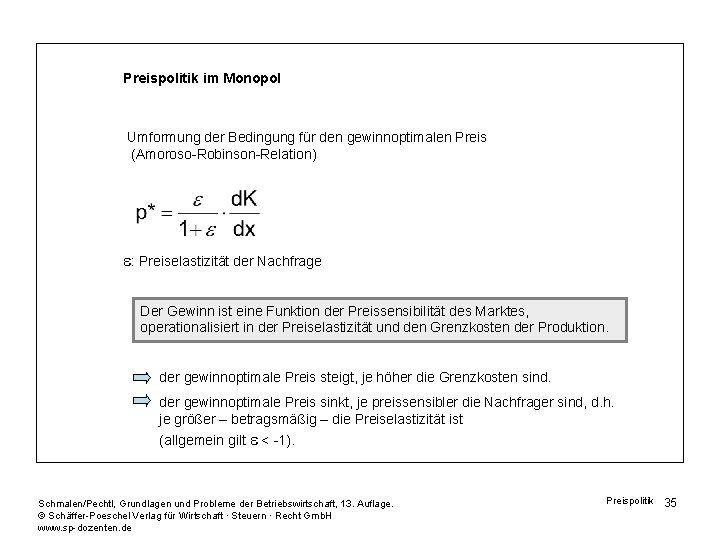 Preispolitik im Monopol Umformung der Bedingung für den gewinnoptimalen Preis (Amoroso-Robinson-Relation) e: Preiselastizität der