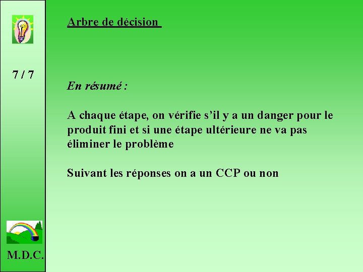 Arbre de décision 7 / 7 En résumé : A chaque étape, on vérifie