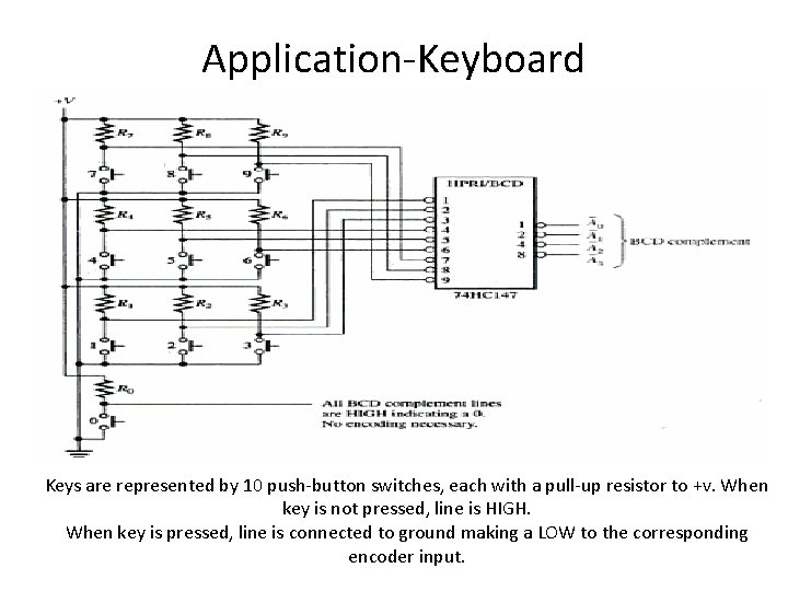 Application-Keyboard Keys are represented by 10 push-button switches, each with a pull-up resistor to