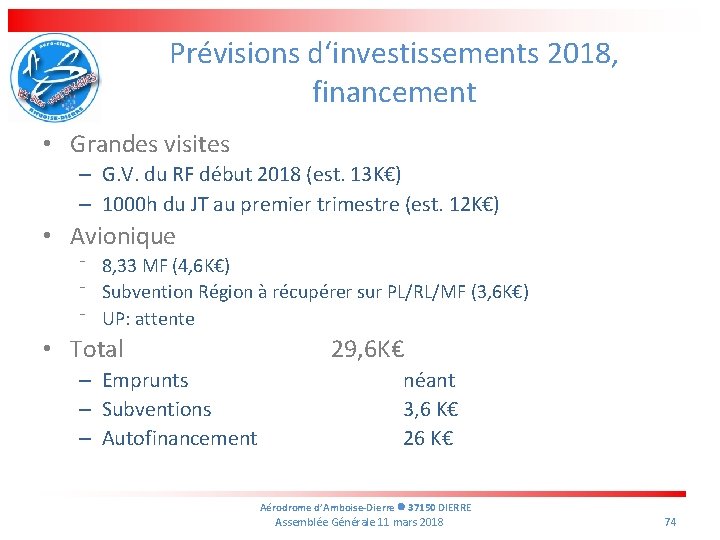 Prévisions d‘investissements 2018, financement • Grandes visites – G. V. du RF début 2018