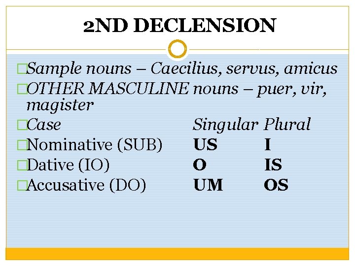 2 ND DECLENSION �Sample nouns – Caecilius, servus, amicus �OTHER MASCULINE nouns – puer,