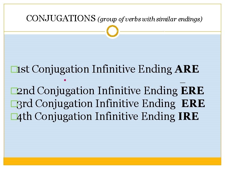 CONJUGATIONS (group of verbs with similar endings) � 1 st Conjugation Infinitive Ending ARE