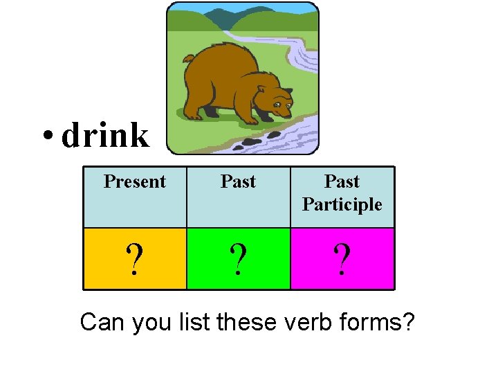  • drink Present Past Participle ? ? ? Can you list these verb