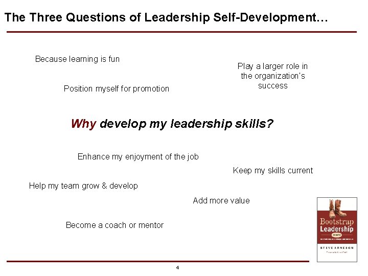 The Three Questions of Leadership Self-Development… Because learning is fun Play a larger role The Three Questions of Leadership Self-Development… Because learning is fun Play a larger role