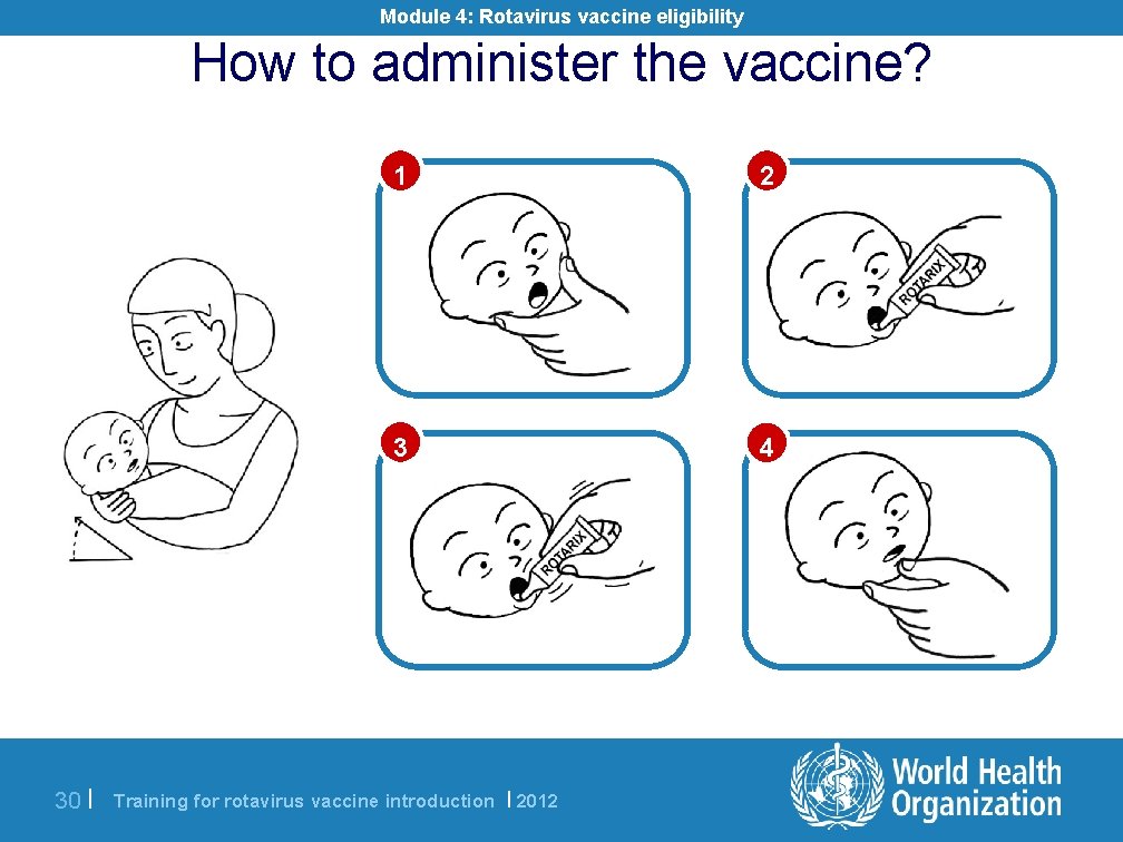 Module 4: Rotavirus vaccine eligibility How to administer the vaccine? 1 2 3 4