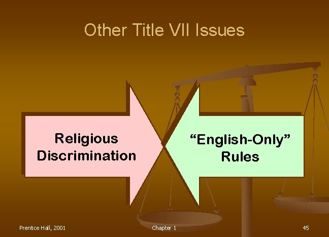 Other Title VII Issues Religious Discrimination Prentice Hall, 2001 “English-Only” Rules Chapter 1 45